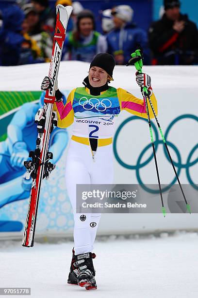 Viktoria Rebensburg of Germany reacts after she had completed her run competes during the Ladies Giant Slalom second run on day 14 of the Vancouver...