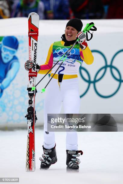 Viktoria Rebensburg of Germany reacts after she had completed her run competes during the Ladies Giant Slalom second run on day 14 of the Vancouver...