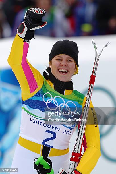 Viktoria Rebensburg of Germany reacts after she had completed her run competes during the Ladies Giant Slalom second run on day 14 of the Vancouver...