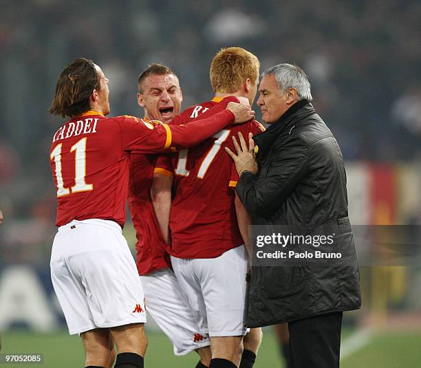 John Arne Riise of AS Roma celebrates scoring the opening goal during the UEFA Europa League Round of 32, 2nd leg match between AS Roma and...