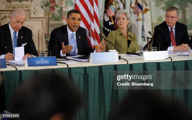 President Barack Obama makes opening remarks at a bipartisan summit on health care in Washington, D.C., U.S., on Thursday, Feb. 25, 2010. Appearing...