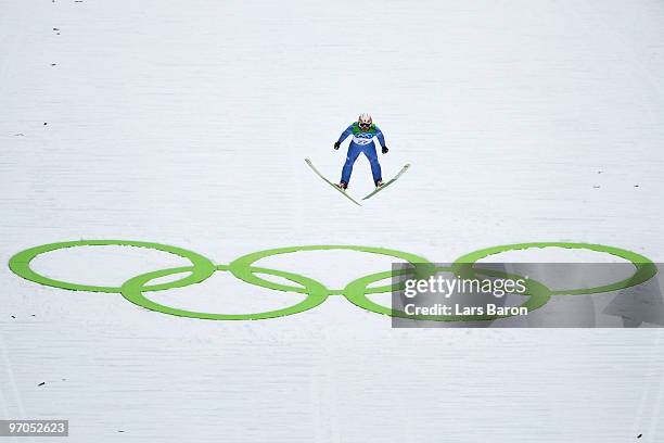 Taihei Kato of Japan competes during the Nordic Combined Individual Large Hill Ski Jump on day 14 of the 2010 Vancouver Winter Olympics at Whistler...