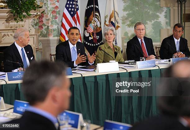 President Barack Obama speaks during his opening remarks during a bipartisan meeting to discuss health reform legislation with congressional members...