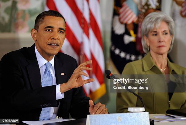 President Barack Obama makes opening remarks at a bipartisan summit on health care as Kathleen Sebelius, U.S. Secretary of health and human services,...