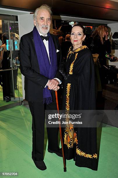 Actor Sir Christopher Lee with his wife attend the Royal World Premiere of Tim Burton's 'Alice In Wonderland' at the Odeon Leicester Square on...