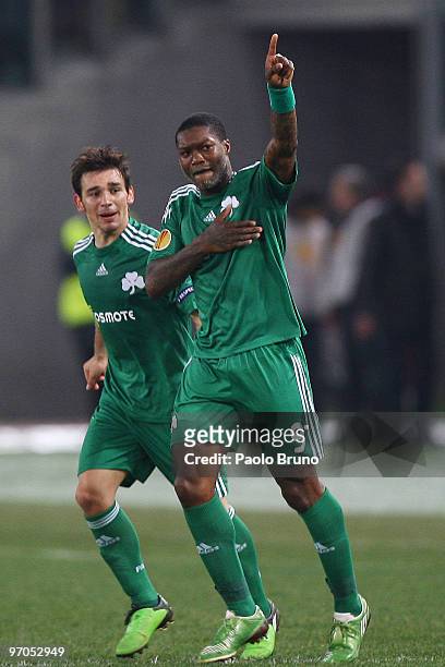 Djibril Cisse' and Sotiris Ninis of Panathinaikos celebrate the first goal during the UEFA Europa League Round of 32, 2nd leg match between AS Roma...