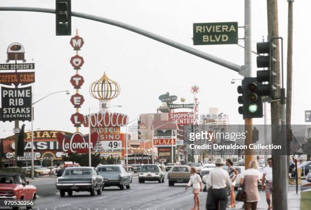 Vegas, NV A view of the intersection of the Las Vegas Strip and Riviera Boulevard, the Morocco Motel and Sands Hotel are in the background in...