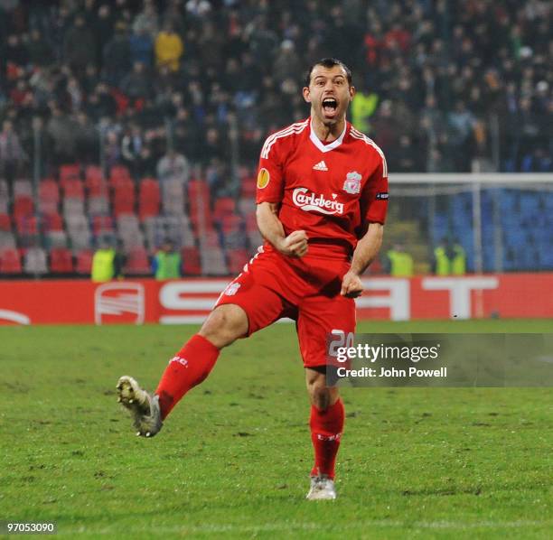 Javier Mascherano of Liverpool celebrates after scoring a goal during the UEFA Europa League knock-out round, second leg match between FC Unirea...