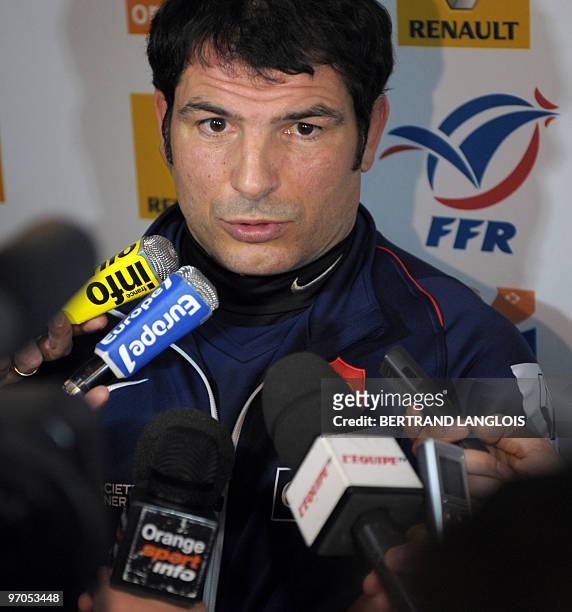France rugby union national team's head coach Marc Lievremont speaks to journalists during a press conference in Cardiff, Wales, on February 25, 2010...