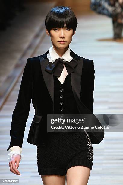 Model Tao Okamoto walks the runway during the D&G Milan Fashion Week womenswear Autumn/Winter 2010 show on February 25, 2010 in Milan, Italy.