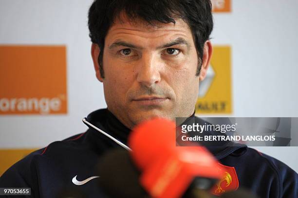 France rugby union national team's head coach Marc Lievremont is pictured at a press conference in Cardiff, Wales, on February 25, 2010 on the eve of...