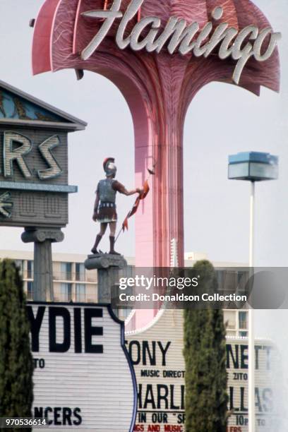 Vegas, NV A view of the signs for the Flamingo and Caesars Palace Hotels on the Las Vegas Strip in November 1975 in Las Vegas, Nevada.