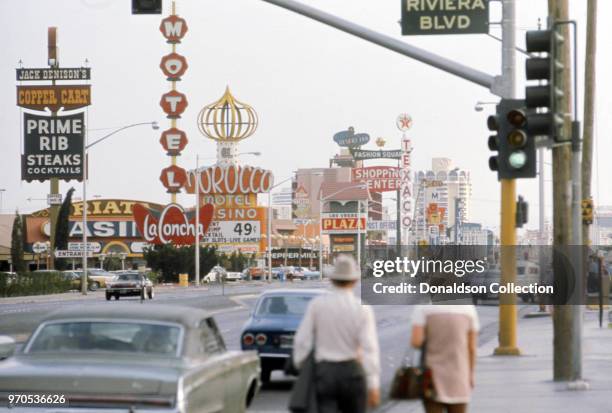 Vegas, NV A view of the intersection of the Las Vegas Strip and Riviera Boulevard, the Morocco Motel and Sands Hotel are in the background in...