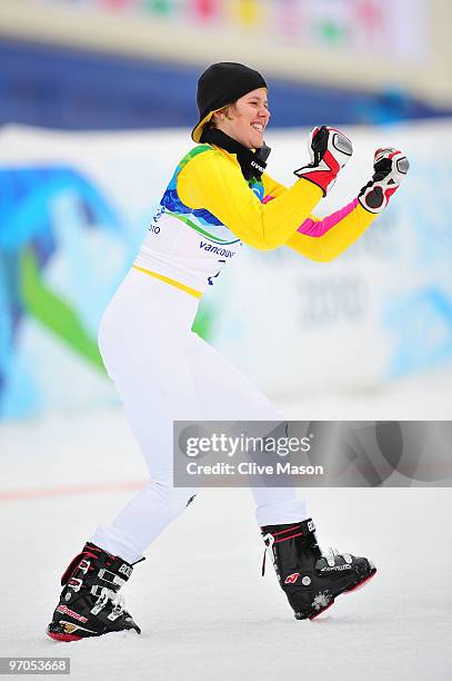 Viktoria Rebensburg of Germany celebrates winning the gold medal during the flower ceremony for the Ladies Giant Slalom on day 14 of the Vancouver...