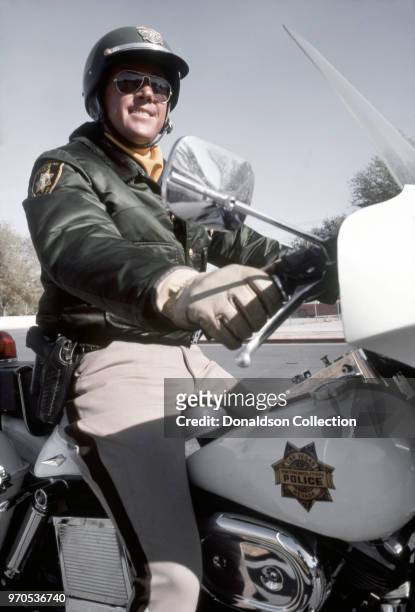 Vegas, NV A view of a Las Vegas metropolitan police officer on his patrol motorcycle in November 1975 in Las Vegas, Nevada.