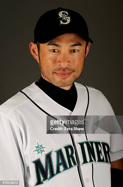Ichiro Suzuki of the Seattle Mariners poses during photo media day at the Mariners spring training complex on February 25, 2010 in Peoria, Arizona.