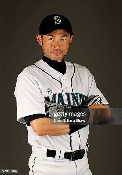 Ichiro Suzuki of the Seattle Mariners poses during photo media day at the Mariners spring training complex on February 25, 2010 in Peoria, Arizona.