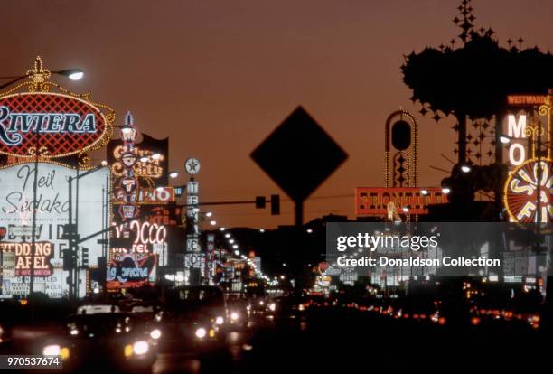 Vegas, NV A view of the Las Vegas Strip and the Riviera, Stardust and Frontier Hotels in November 1975 in Las Vegas, Nevada.