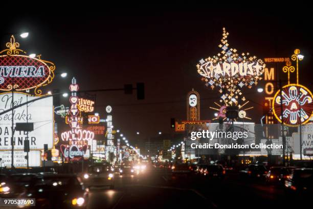 Vegas, NV A view of the Las Vegas Strip and the Riviera, Stardust and Frontier Hotels in November 1975 in Las Vegas, Nevada.