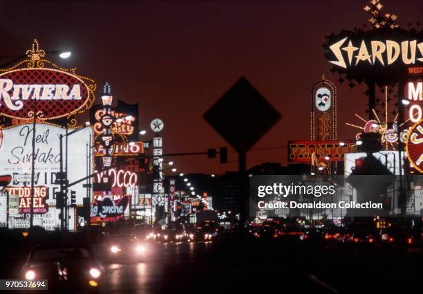 Vegas, NV A view of the Las Vegas Strip and the Riviera, Stardust and Frontier Hotels in November 1975 in Las Vegas, Nevada.