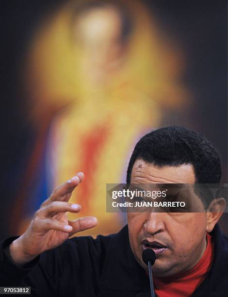 Venezuelan President Hugo Chavez answers questions during a press conference in Caracas on February 25, 2010. Chavez reffers about the new Americas...