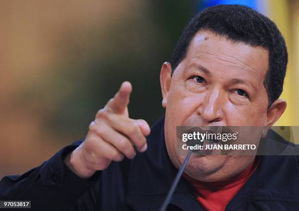 Venezuelan President Hugo Chavez answers questions during a press conference in Caracas on February 25, 2010. Chavez reffers about the new Americas...