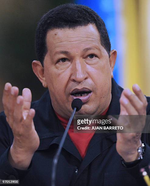 Venezuelan President Hugo Chavez answers questions during a press conference in Caracas on February 25, 2010. Chavez reffers about the new Americas...