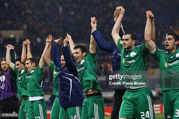 Players of Panathinaikos celebrate the victory after the UEFA Europa League Round of 32, 2nd leg match between AS Roma and Panathinaikos on February...