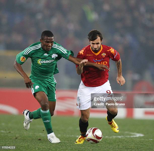 Mirko Vucinic of AS Roma and Simao of Panathinaikos in action during the UEFA Europa League Round of 32, 2nd leg match between AS Roma and...
