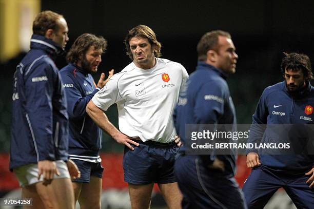 France rugby union national team's lock Julien Pierre grimaces as he takes part in a training session with teammates at the Millenium stadium in...