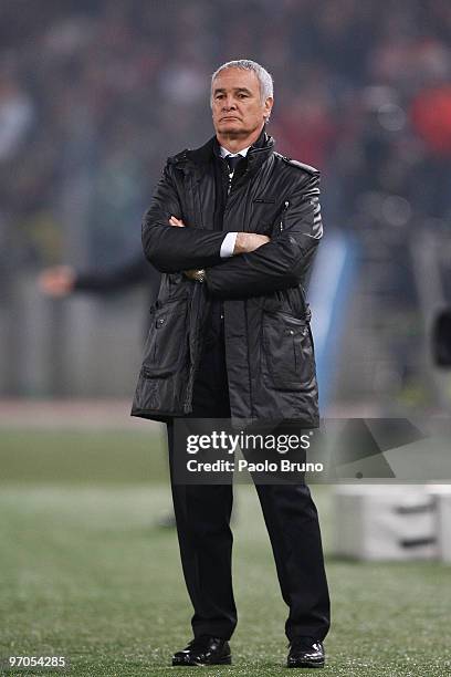 Claudio Ranieri the coach of AS Roma looks dejected during the UEFA Europa League Round of 32, 2nd leg match between AS Roma and Panathinaikos on...