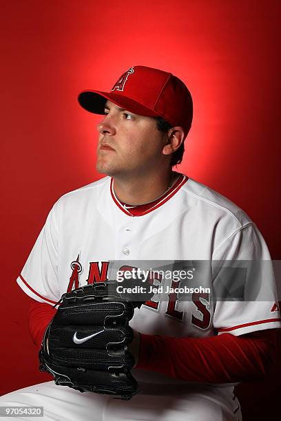 Joe Saunders of the Los Angeles Angels of Anaheim poses during media photo day at Tempe Diablo Stadium on February 25, 2010 in Tempe, Arizona.