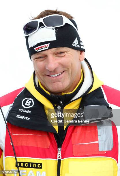 Wolfgang Maier, head coach of the German Alpine Ski team, looks on during the Ladies Giant Slalom on day 14 of the Vancouver 2010 Winter Olympics at...