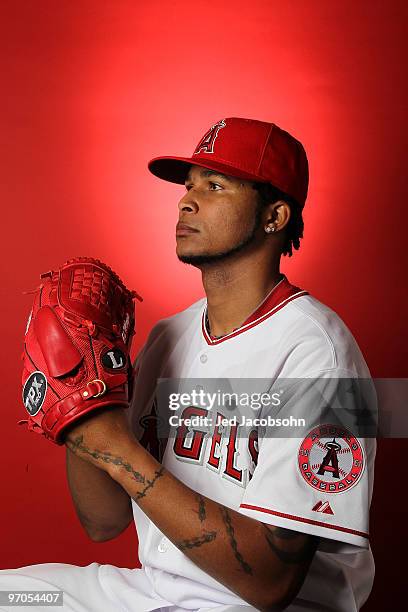 Ervin Santana of the Los Angeles Angels of Anaheim poses during media photo day at Tempe Diablo Stadium on February 25, 2010 in Tempe, Arizona.