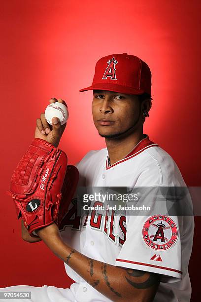 Ervin Santana of the Los Angeles Angels of Anaheim poses during media photo day at Tempe Diablo Stadium on February 25, 2010 in Tempe, Arizona.