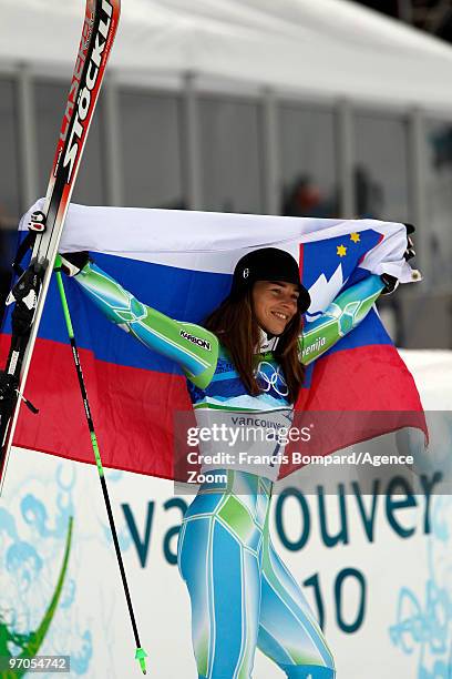 Tina Maze of Slovenia takes the Silver Medal during the Women's Alpine Skiing Giant Slalom on Day 14 of the 2010 Vancouver Winter Olympic Games on...