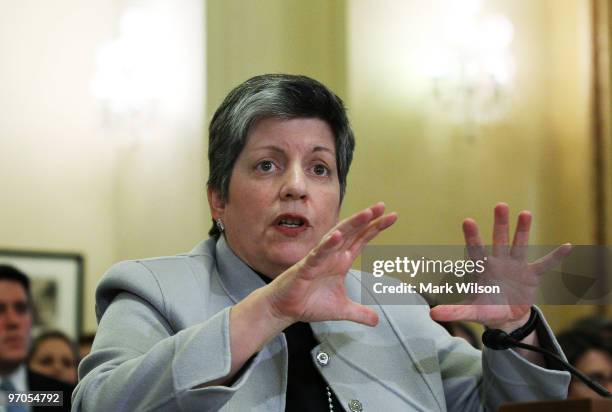 Homeland Security Secretary Janet Napolitano testifies during a House Homeland Security Committee hearing on Capitol Hill on February 25, 2010 in...