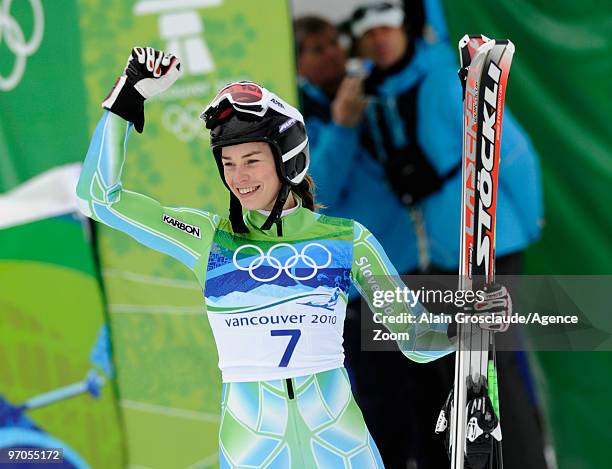 Tina Maze of Slovenia takes the Silver Medal during the Women's Alpine Skiing Giant Slalom on Day 14 of the 2010 Vancouver Winter Olympic Games on...