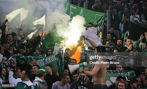 The fans of Panathinaikos support his team during the UEFA Europa League Round of 32, 2nd leg match between AS Roma and Panathinaikos on February 25,...