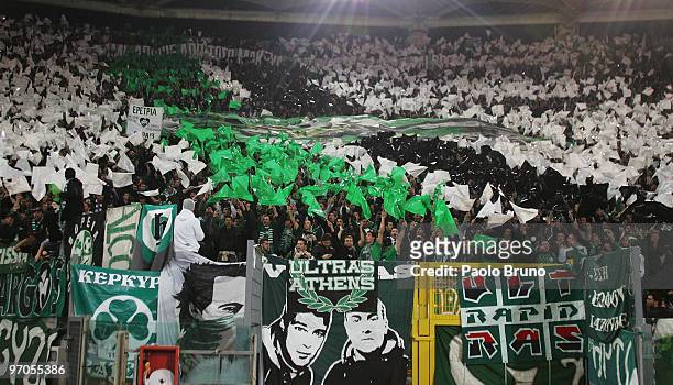 The fans of Panathinaikos support his team during the UEFA Europa League Round of 32, 2nd leg match between AS Roma and Panathinaikos on February 25,...