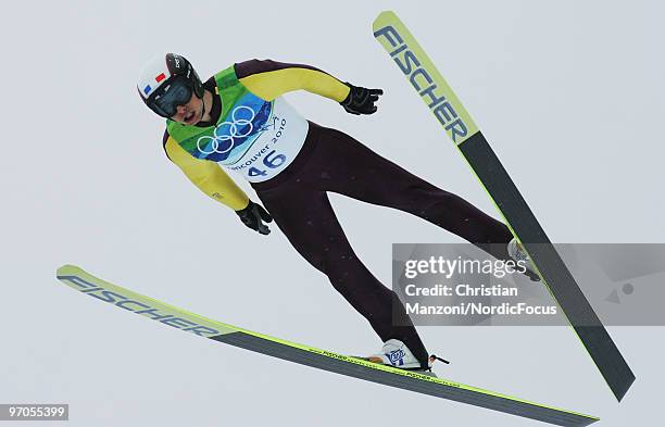 Jason Lamy-Chappuis of France competes during the Nordic Combined Individual Large Hill Ski Jump on day 14 of the 2010 Vancouver Winter Olympics at...