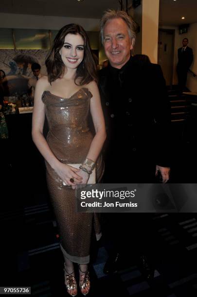 Actress Anne Hathaway and actor Alan Rickman attends the Royal World Premiere of Tim Burton's 'Alice In Wonderland' at the Odeon Leicester Square on...