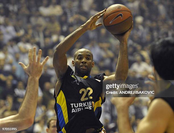 Jamon Lucas of Marroussi BC tries to pass the ball to a teammate during their Euroleague Top 16 basketball match at the Pionir arena in Belgrade on...