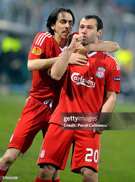 Javier Mascherano of Liverpool celebrates scoring the first goal during the UEFA Europa League Round of 32, 2nd leg match between FC Unirea Urziceni...