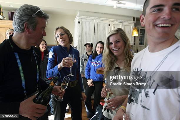 Winter Olympics: View of USA coach Robert Trenkwalder with mother, Linda Krohn, and sister, Karin Kildow, of Lindsey Vonn during celebration at...
