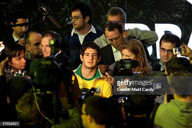Alexandre Pato of Brazil speaks to the media during the Nike unveils the new Brazil home and away kit, plus 8 away kits for the other Nike-Sponsored...