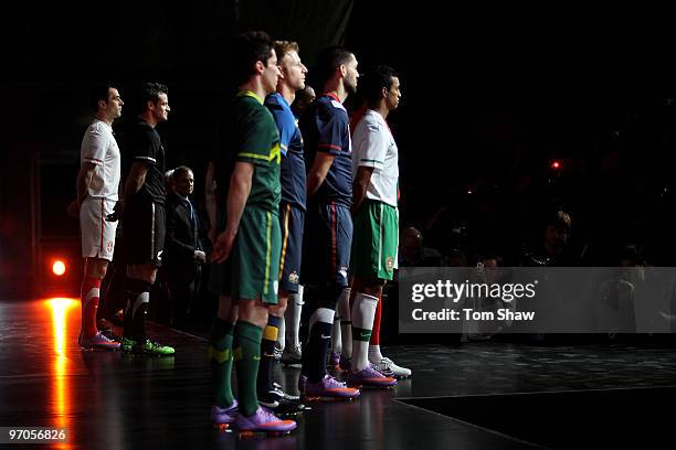 Players pose on stage during the Nike unveils the new Brazil home and away kit, plus 8 away kits for the other Nike-Sponsored federations appearing...