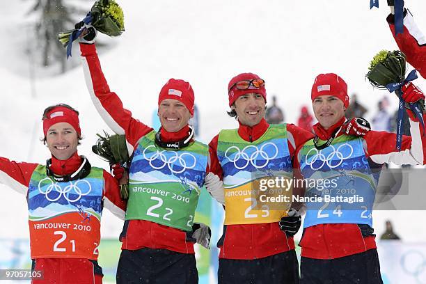 Winter Olympics: USA Brett Camerota, Todd Lodwick, Johnny Spillane, and Bill Demong, victorious after winning Men's Team LH/4x5K at Whistler Olympic...