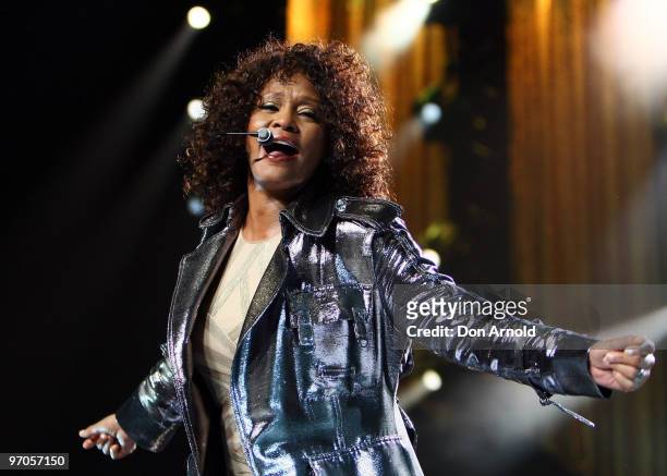 Whitney Houston performs on stage at Acer Arena on February 24, 2010 in Sydney, Australia.