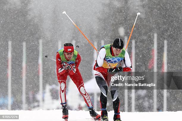 Winter Olympics: Austria Felix Gottwald and USA Johnny Spillane in action during Men's Team 4x5K Relay at Whistler Olympic Park. Gottwald won gold....